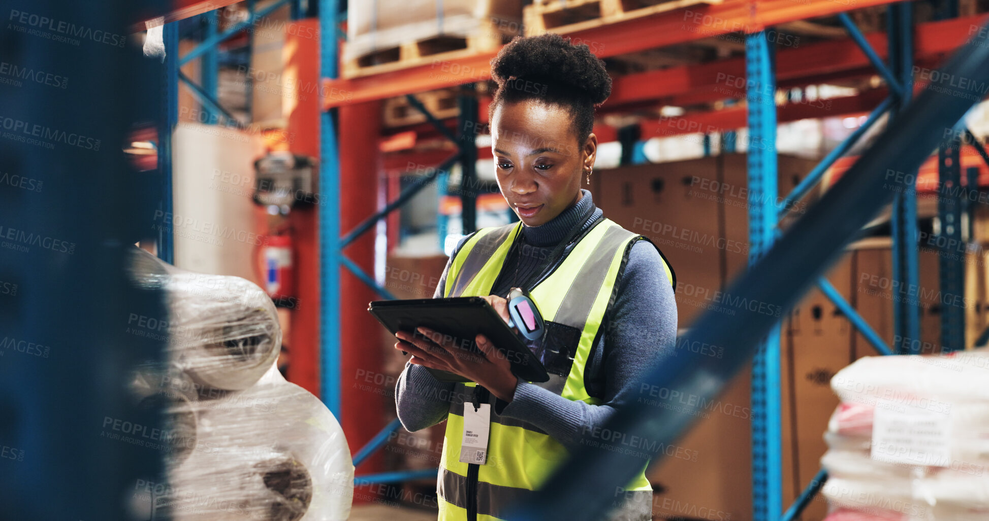 Buy stock photo Black woman, inventory and checklist with tablet in logistics for stock control, distribution or inspection at warehouse. Young African, female person or employee checking technology for supply chain