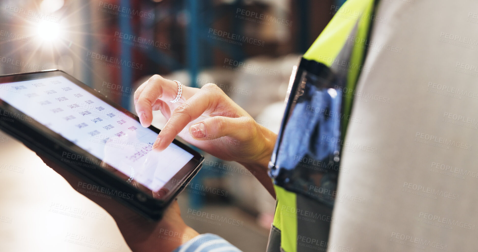 Buy stock photo Woman, hands and pricing with tablet in logistics for inventory, supply chain or product distribution at warehouse. Closeup, female person or employee on technology screen for stock control or order