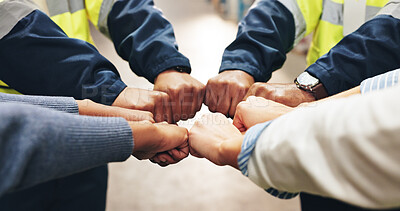 Buy stock photo Group, people and teamwork with fist bump in warehouse for collaboration, trust and motivation. Logistics, dropshipping and workers with gesture of support for partnership, agreement and solidarity