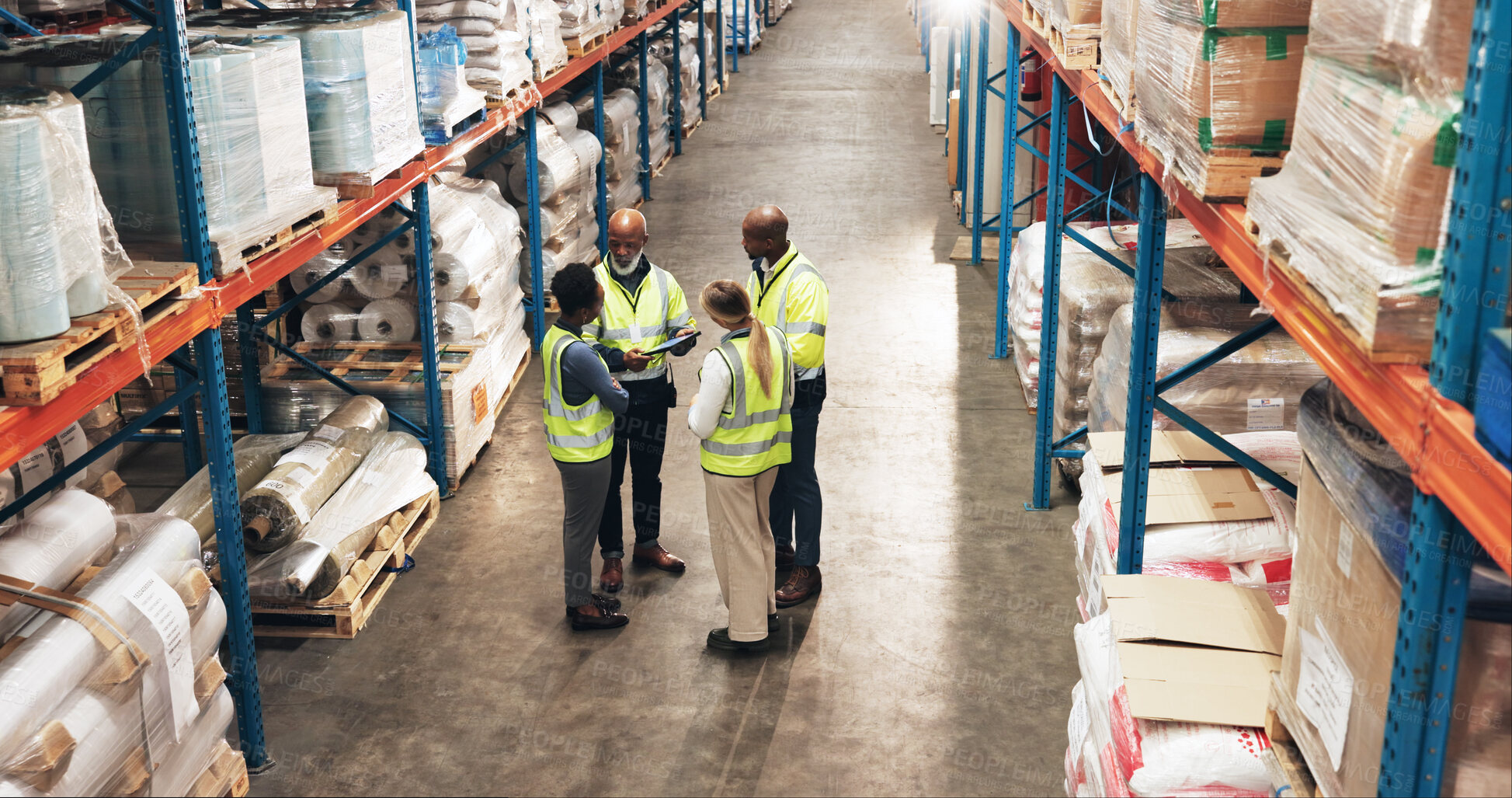 Buy stock photo Logistics, inspection and group of people in warehouse with tablet for online checklist in distribution collaboration. Inventory management, meeting and team in factory on digital app for planning