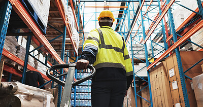 Buy stock photo Factory, man and worker pull pallet truck for supply chain, restock inventory or moving freight. Warehouse, engineer and trolley for cargo storage, distribution logistics or back in shipping industry