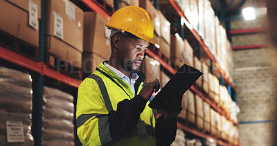 Buy stock photo Inspection, black man or tablet in warehouse for checklist, distribution or stock management. Supply chain, employee or supervisor with tech for shipping orders, quality control or logistics at night