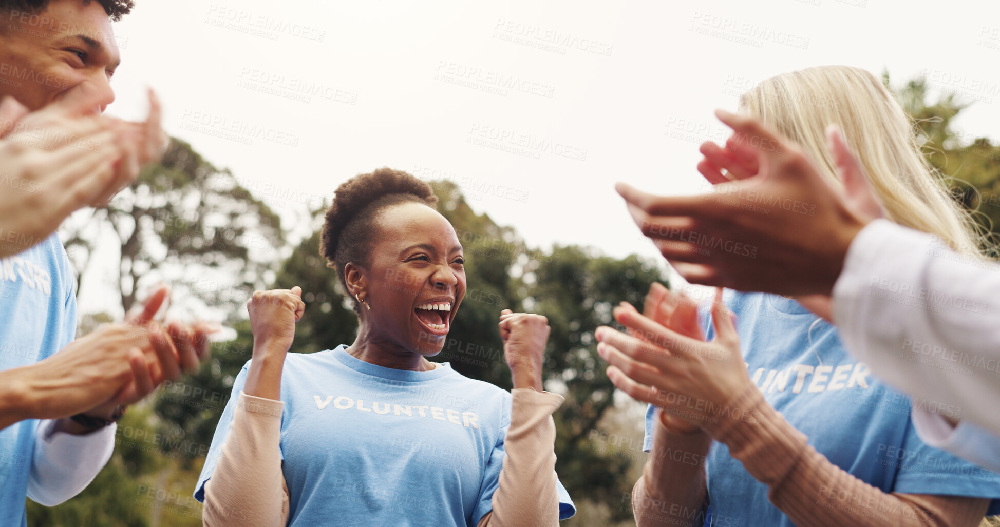 Buy stock photo Applause, volunteer and people in park for charity event, community service and teamwork. Volunteering, happy and men and women excited, cheering and celebrate for donation, ngo and outreach success