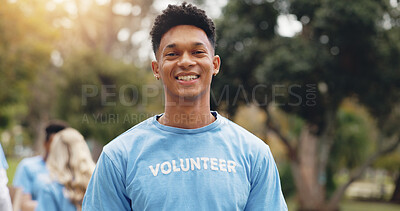 Buy stock photo Conservation, portrait and smile with man volunteer in park for community, development or sustainability. Charity, ecology and environment with happy person outdoor for activism, cleaning or welfare