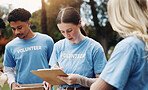 Checklist, volunteer and group of people in park together planning for sustainable green project at ngo. Schedule, discussion and team in meeting, community care or sign up for social responsibility