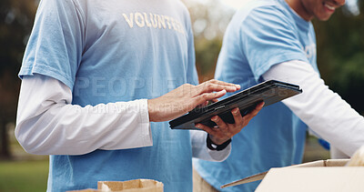 Buy stock photo Tablet, volunteer and hands of people in park for charity event, community service or teamwork. Volunteering, ngo group and men and women on digital tech for social media, checklist or online website