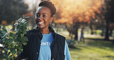 Buy stock photo Smile, volunteer and black woman in park with plant for growth, development or happy support on earth day. Green, woods and girl in nature for sustainability, community care and social responsibility