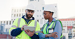 Business people, civil engineer and discussion with tablet on rooftop for construction or planning in city. Contractors, colleagues or architects with technology for industrial infrastructure in town