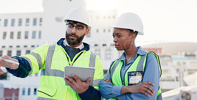 Buy stock photo Business people, architect and planning construction with tablet on rooftop for building maintenance in city. Contractors, colleagues or civil engineers with technology for infrastructure in town