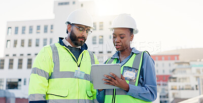 Buy stock photo Business people, architect and discussion with tablet on rooftop for construction or planning in city. Contractors, colleagues or civil engineers with technology for industrial infrastructure in town