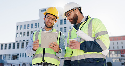 Buy stock photo Businessman, team and civil engineer with tablet for construction, architecture or planning in city. Men, architect or colleagues with blueprint, helmet and technology for building maintenance ideas