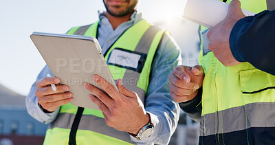 Buy stock photo Business people, hands and tablet with blueprint for construction, planning or building maintenance in city. Closeup, employees or civil engineer with technology for architectural layout on rooftop