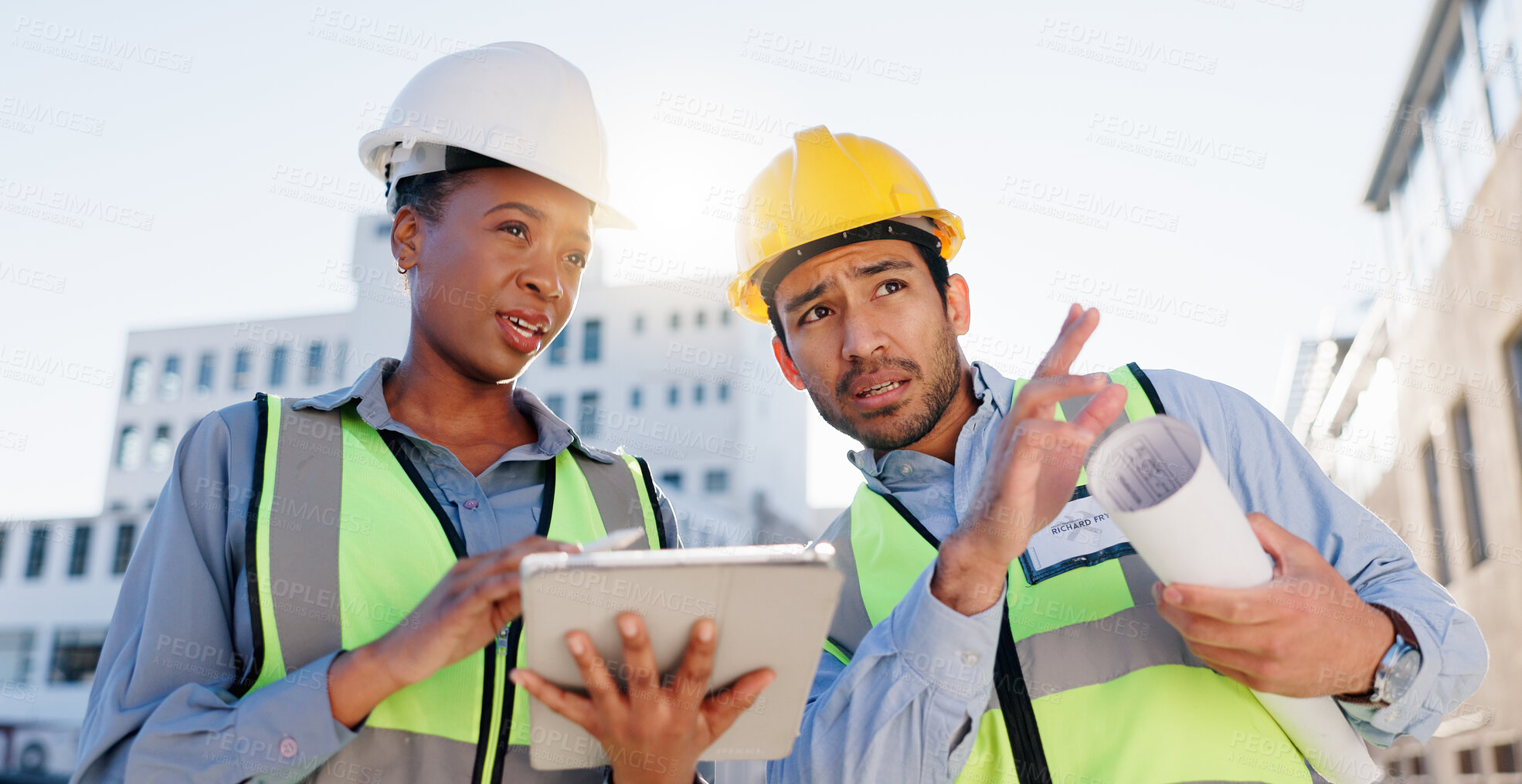 Buy stock photo Tablet, blueprint and construction team on rooftop site for city planning, renovation or building project. Digital technology, architecture and industrial employees with maintenance check in town.