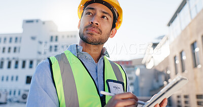 Buy stock photo Tablet, thinking and construction man on site with communication for contract city planning. Digital technology, industry and civil engineer worker with blueprint notes for renovation approval