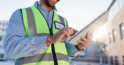 Buy stock photo Person, hands or tablet on rooftop for construction planning, building maintenance or civil engineering. Contractor, man or tech for project management in city for infrastructure development feedback