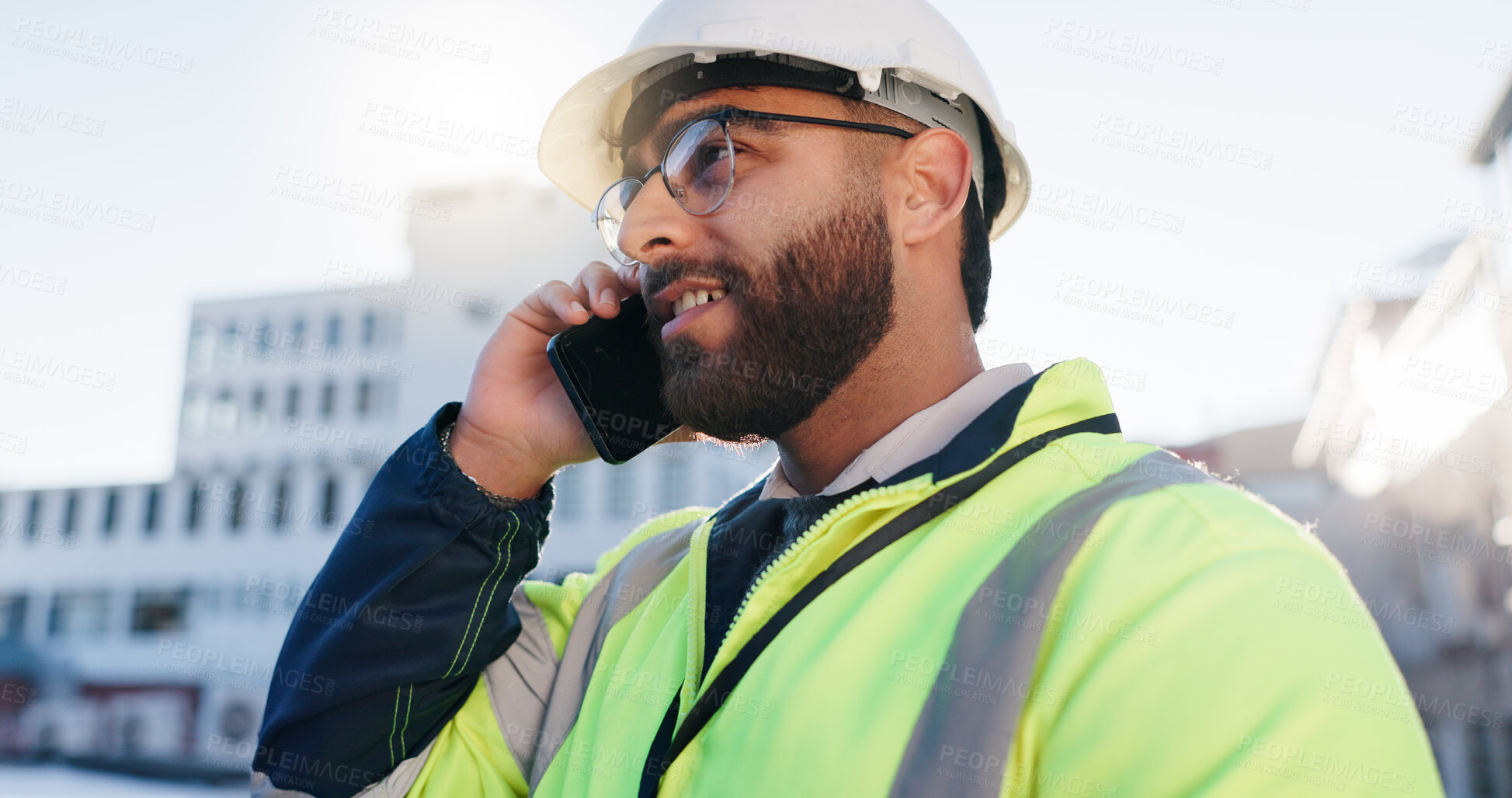 Buy stock photo Phone call, planning and construction engineer on site with communication for contract city talk. Digital technology, industry and civil worker man with blueprint discussion for renovation approval