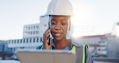 Buy stock photo Tablet, phone call and construction engineer on site with communication for contract city planning. Technology, industry and black woman civil worker with mobile discussion for renovation approval