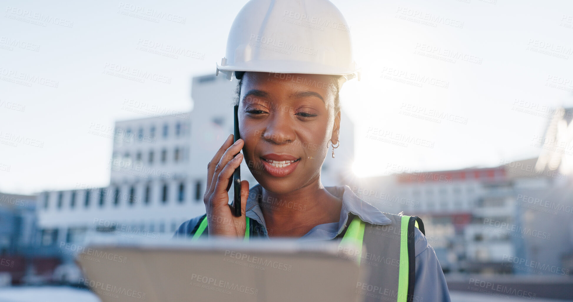 Buy stock photo Tablet, phone call and construction engineer on site with communication for contract city planning. Technology, industry and black woman civil worker with mobile discussion for renovation approval