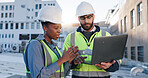 Laptop, discussion and construction team on rooftop site for city planning, renovation or building project. Computer, architecture and industrial civil engineers with maintenance check in town.