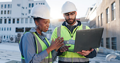 Buy stock photo Laptop, discussion and construction team on rooftop site for city planning, renovation or building project. Computer, architecture and industrial civil engineers with maintenance check in town.