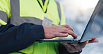 Person, hands or laptop in city for construction planning, building maintenance or civil engineering. Engineer, man or computer for project management in town for infrastructure development feedback