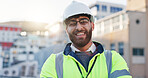 Construction worker, rooftop and portrait with architecture and urban planning with success outdoor. Architect, civil engineering and smile in city with quality assurance work on site in Canada