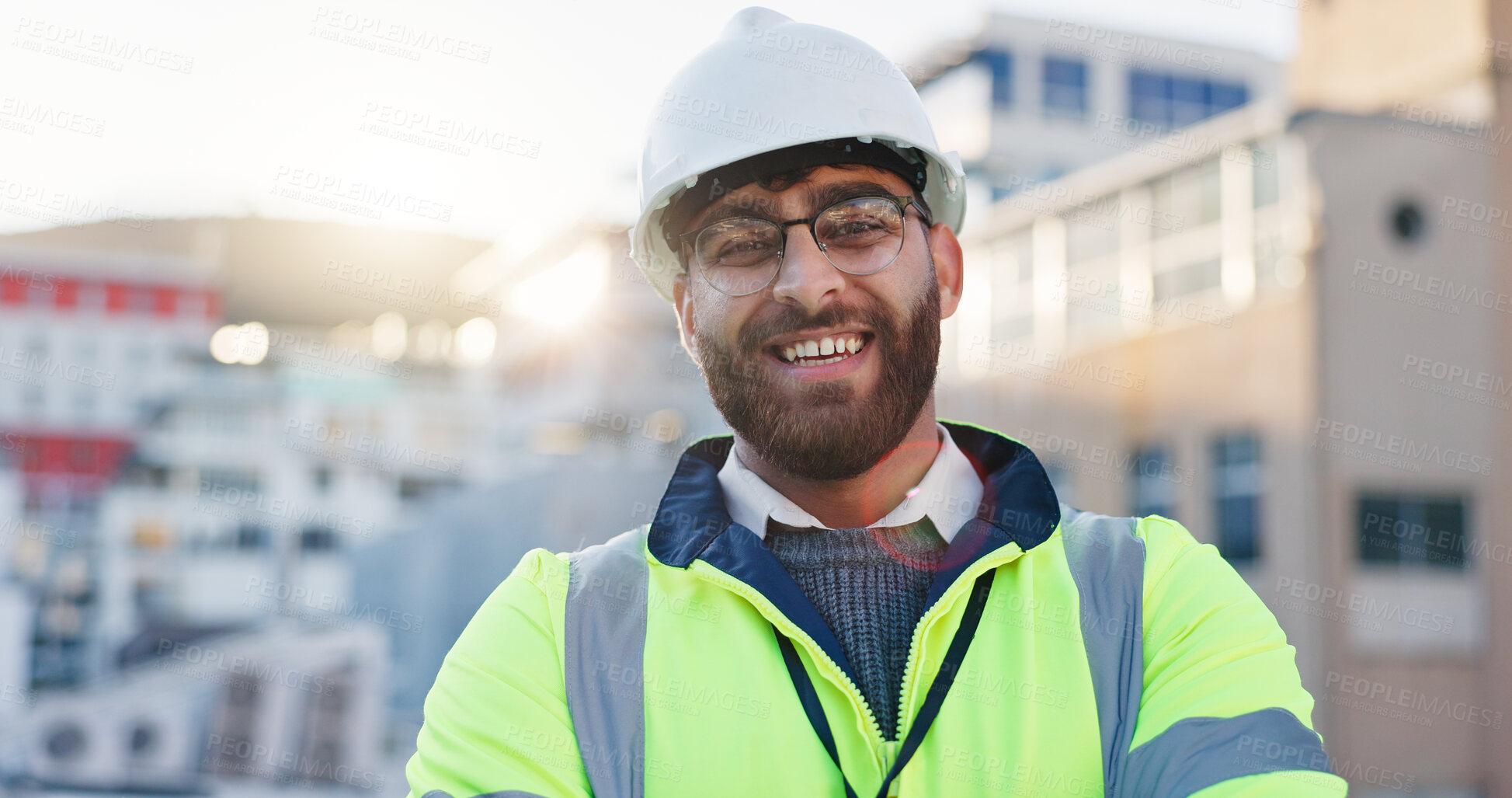 Buy stock photo Construction worker, rooftop and portrait with architecture and urban planning with success outdoor. Architect, civil engineering and smile in city with quality assurance work on site in Canada