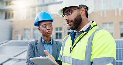 Buy stock photo Tablet, discussion and construction team on rooftop site for city planning, renovation or building project. Digital technology, architecture and industrial employees with maintenance check in town.