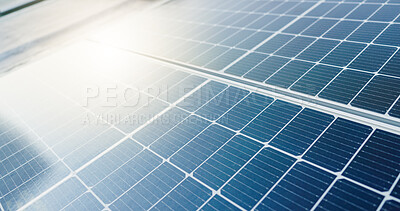 Buy stock photo Solar panel, sun and reflection with light for renewable energy, alternative power or photovoltaic system. Closeup, heat grid or ray with eco friendly resource for ecological recycling of electricity