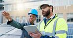 Tablet, engineering and construction team on rooftop site for city planning, renovation or building project. Digital technology, architecture and industrial employees with maintenance check in town.