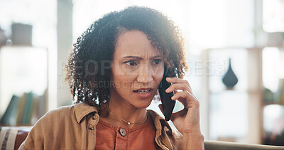 Buy stock photo Sofa, woman and sad with phone call for conversation, listening and argument with contact. Home, female person and thinking with cellphone for answer, discussion and disagreement with mobile partner