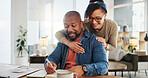 Financial paperwork, hug or happy African couple writing budget or household planning in home. Bills, profit or people with form documents for accounting report of investment growth, taxes or salary