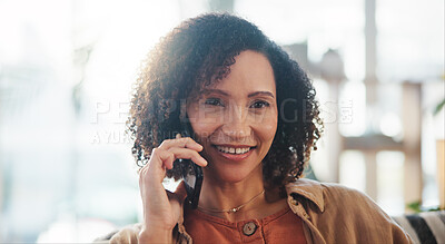 Buy stock photo Sofa, happy woman and portrait with phone call for conversation, listening and connection with contact. Home, female person and smile with cellphone for answer, discussion and laughing at mobile joke