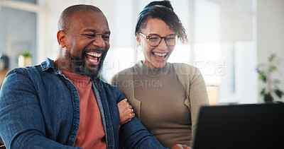 Buy stock photo Couple, laugh and tech in home for video call, funny movie or streaming comedy show. People, happy or laptop in living room for contact, media or software for communication with internet connectivity