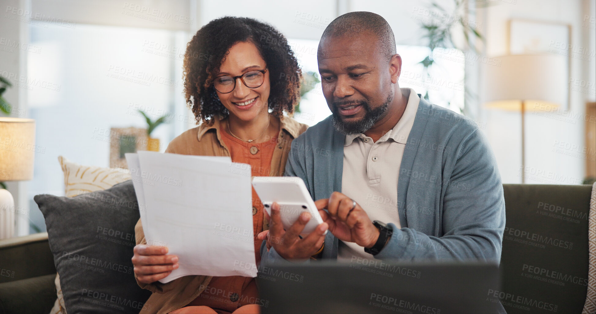 Buy stock photo Home, documents and senior couple with laptop, calculator and financial planning. Apartment, man and woman with paperwork, budget and retirement fund with internet, connection and taxes in lounge