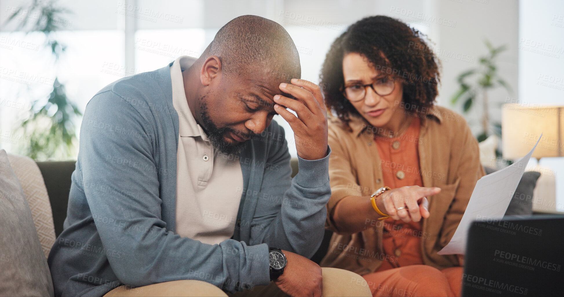 Buy stock photo Talking, financial paperwork or couple with depression, finance documents and budget in recession. Stress, interest rates or worried African people frustrated by house bills or debt with inflation