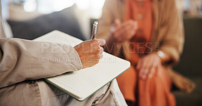 Buy stock photo Book, counseling and hand of therapist writing notes for client with mental health evaluation. Paper, medical information and psychiatrist with patient for psychology assessment or review in office.