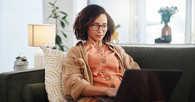 Buy stock photo Laptop, relax and woman on sofa in home for research on holiday planning with flight ticket. Computer, living room and mature female person reading, online review and hotel booking with travel.