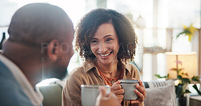 Buy stock photo Smile, love and coffee with mature couple on sofa for bonding, marriage and romance. Happiness, calm and health with people drinking in living room of home for tea, communication and comfort together