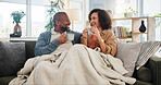 Bonding, love and coffee with mature couple on sofa for relax, marriage and romance. Happiness, calm and health with people drinking in living room of home for tea, communication and comfort together