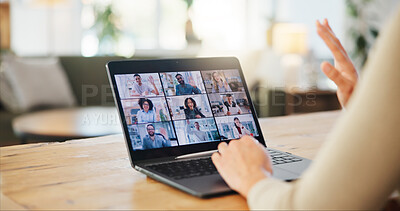 Buy stock photo Video call, business people or hands greeting on laptop in virtual meeting for discussion on screen in home. Wave hello, online or person in webinar for teamwork, talking and speaking of remote work 