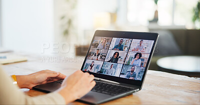 Buy stock photo Laptop, hands or business people on screen in virtual meeting for discussion or online briefing in home. Remote work, video call or person in webinar for teamwork, talking and speaking of project 