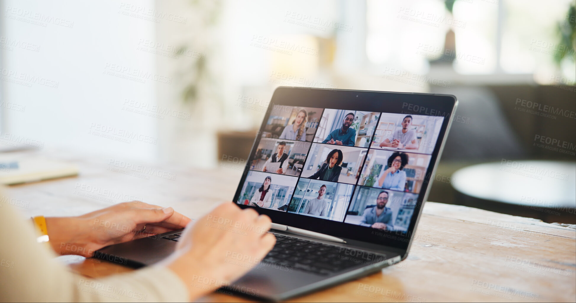 Buy stock photo Laptop, hands or business people on screen in virtual meeting for discussion or online briefing in home. Remote work, video call or person in webinar for teamwork, talking and speaking of project 