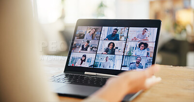 Buy stock photo Home, businessperson and laptop with screen for video call, online meeting and feedback for project. House, hands and employees with computer for virtual workshop, training and corporate updates