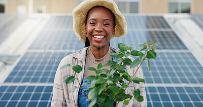 Buy stock photo Black woman, portrait and plant with solar panel for eco friendly, sustainable future and infrastructure in city. Farmer, ecology and female person with renewable energy for natural growth in Nigeria