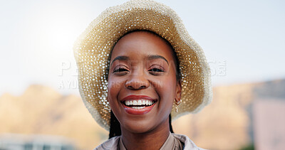 Buy stock photo Black woman, portrait and gardener with hat in nature for conservative energy, global warming or future sustainability. Young African, female person or farmer with smile for natural growth in Canada