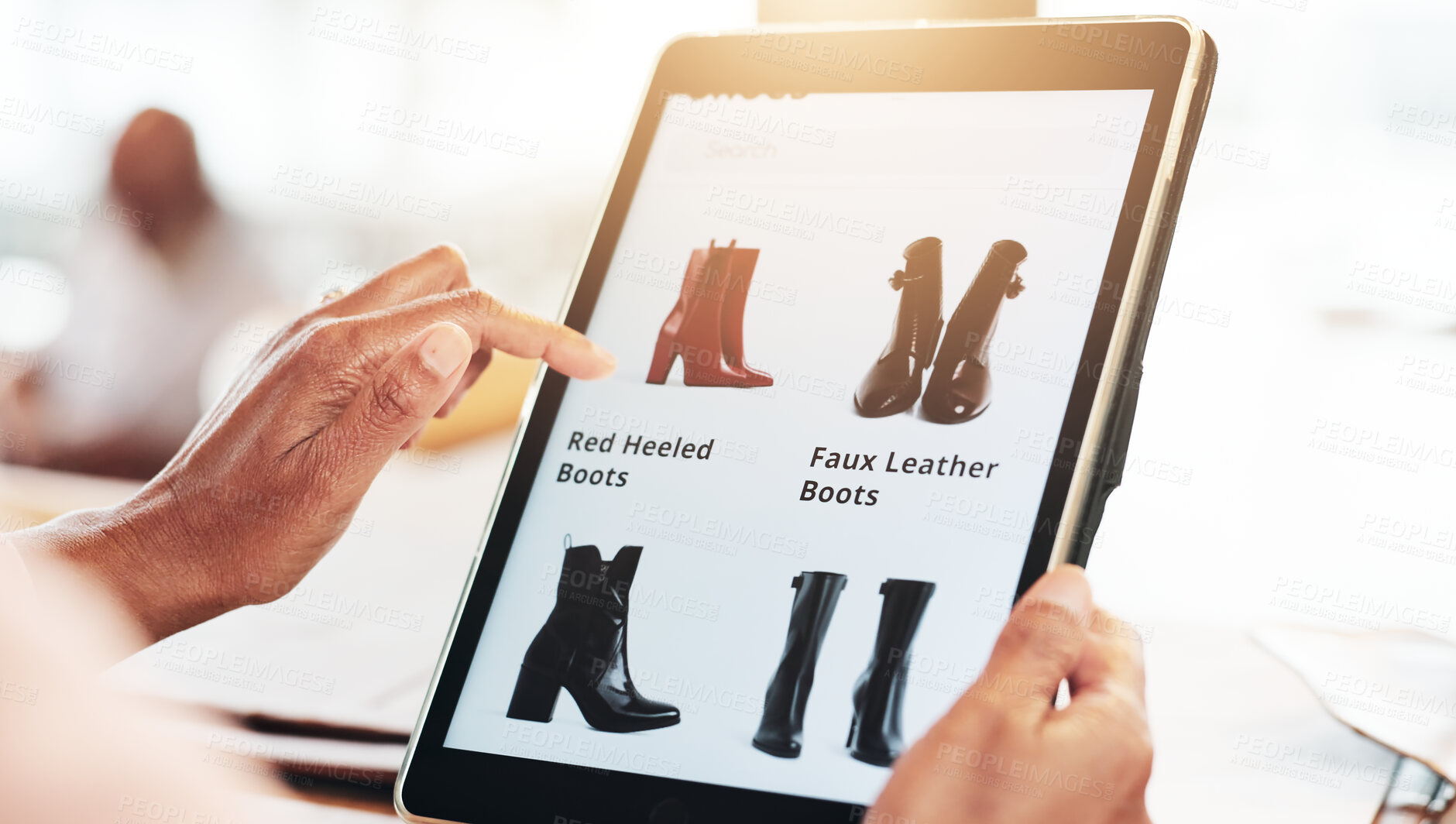 Buy stock photo Hands, tablet and online shopping for shoes in home, click and search for discount, promotion and fashion. Person, touchscreen and ui with e commerce, boots and virtual boutique with app in house