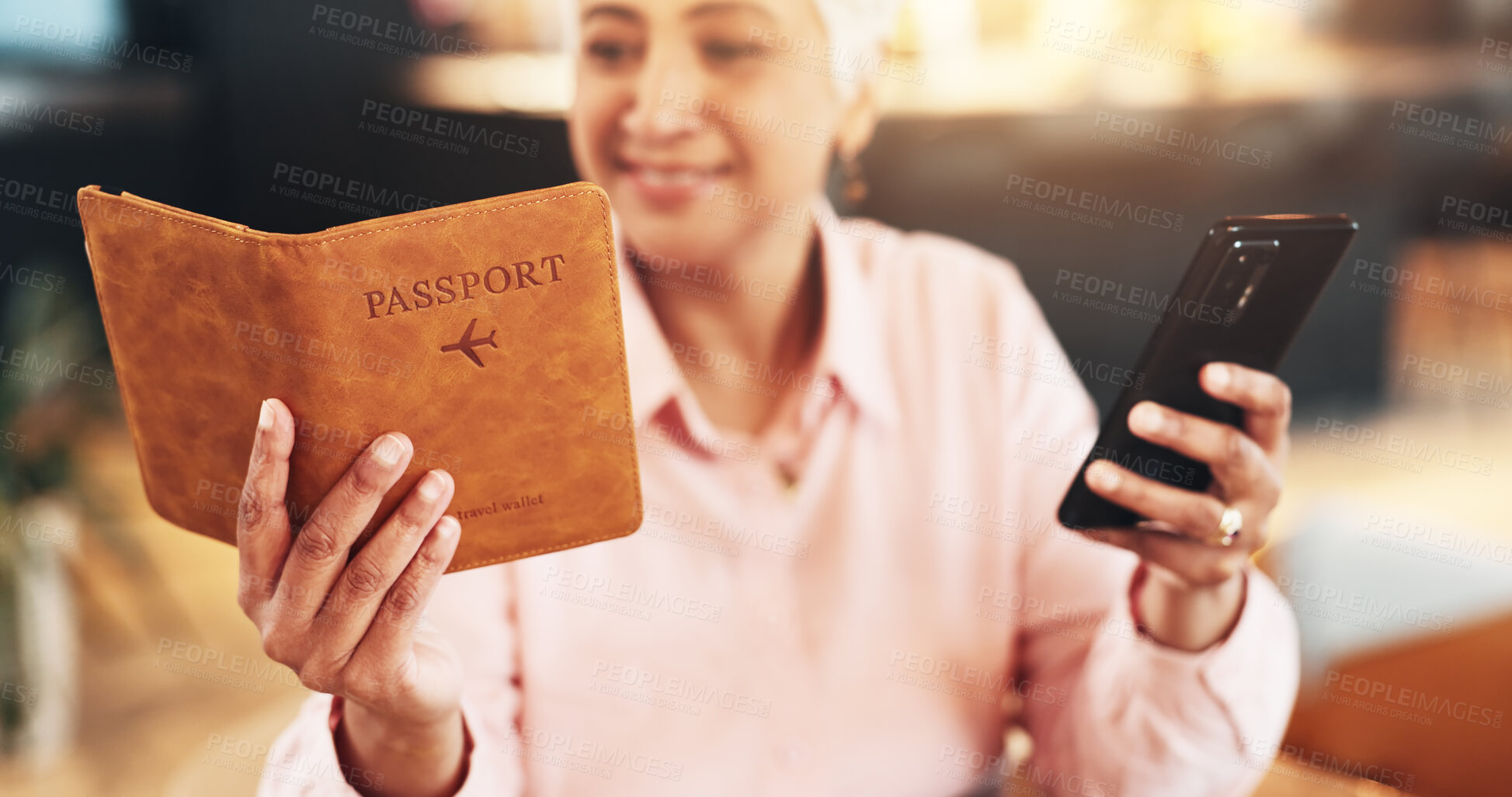 Buy stock photo Senior woman, passport and phone in home for immigration, identity or compliance for international travel. Mature person, documentation and smartphone for flight booking with reading, search or date