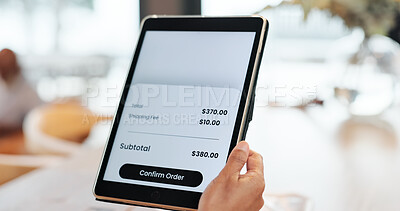 Buy stock photo Hands, tablet and online shopping with price, screen and confirm order in home with deal, sale or payment. Person, digital touchscreen and e commerce on ux, customer experience and discount in house