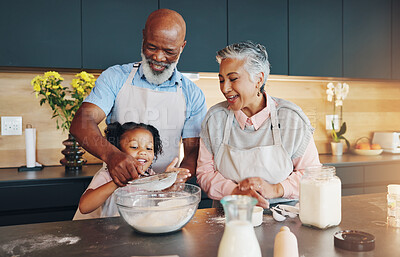 Buy stock photo Interracial grandparents, flour and baking with grandchild on kitchen for dessert, learning or teaching recipe to youth. Mature grandpa, grandma and little girl baker with sift for mixing ingredients